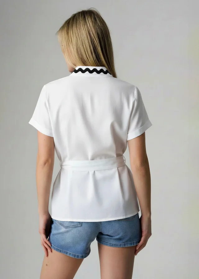 Wednesday's Girl White Cotton Linen Zig Zag Trim Wrap Top