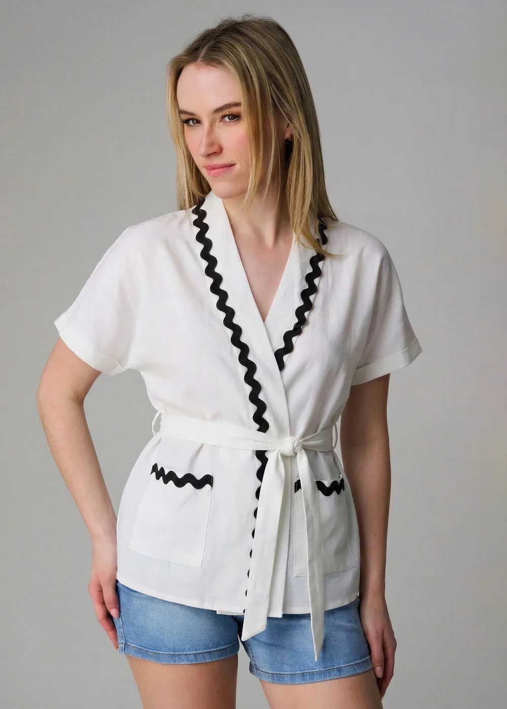 Wednesday's Girl White Cotton Linen Zig Zag Trim Wrap Top - 6 Image 1
