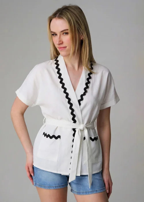 Wednesday's Girl White Cotton Linen Zig Zag Trim Wrap Top - 6 Image 1