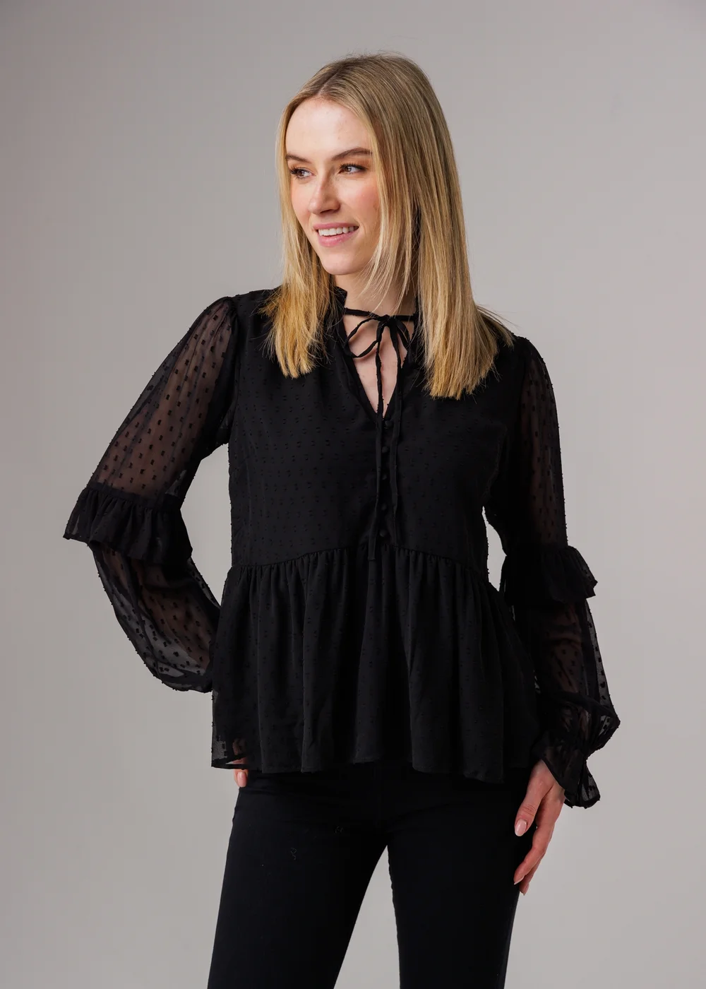 Influence Black Long Sleeve Dobby Tie Neck Smock Blouse - 12 Image 1