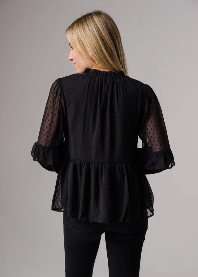 Influence Black Long Sleeve Dobby Tie Neck Smock Blouse