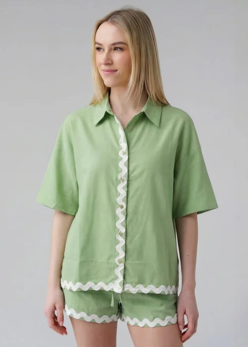 Wednesday's Girl Green Cotton Linen Zig Zag Hem Shirt - 8 Image 1
