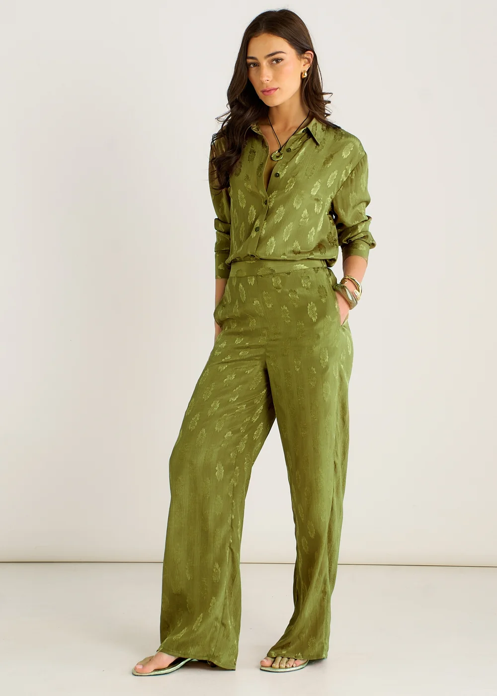 Gini London Khaki Floral Satin Jacquard Shirt - 8 Image 4
