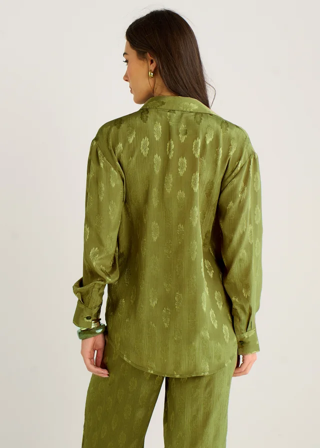 Gini London Khaki Floral Satin Jacquard Shirt