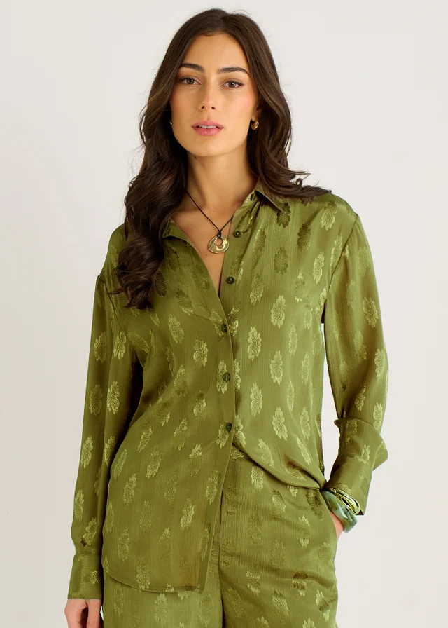 Gini London Khaki Floral Satin Jacquard Shirt