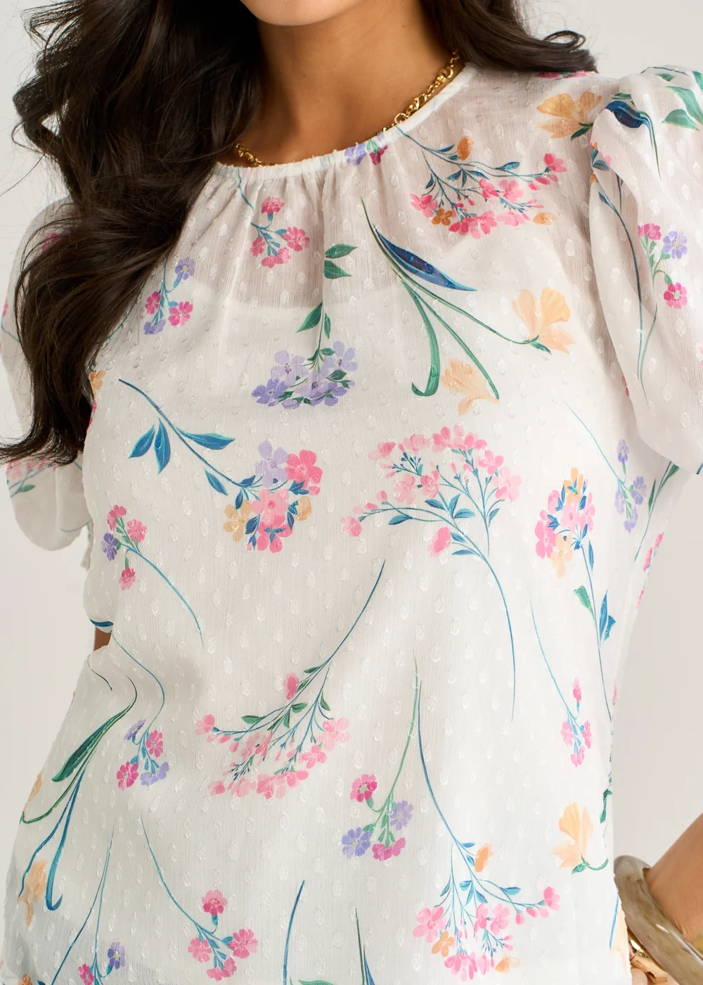 Gini London Off White Floral Dobby Chiffon Shirred Cuff Blouse - 16 Image 3