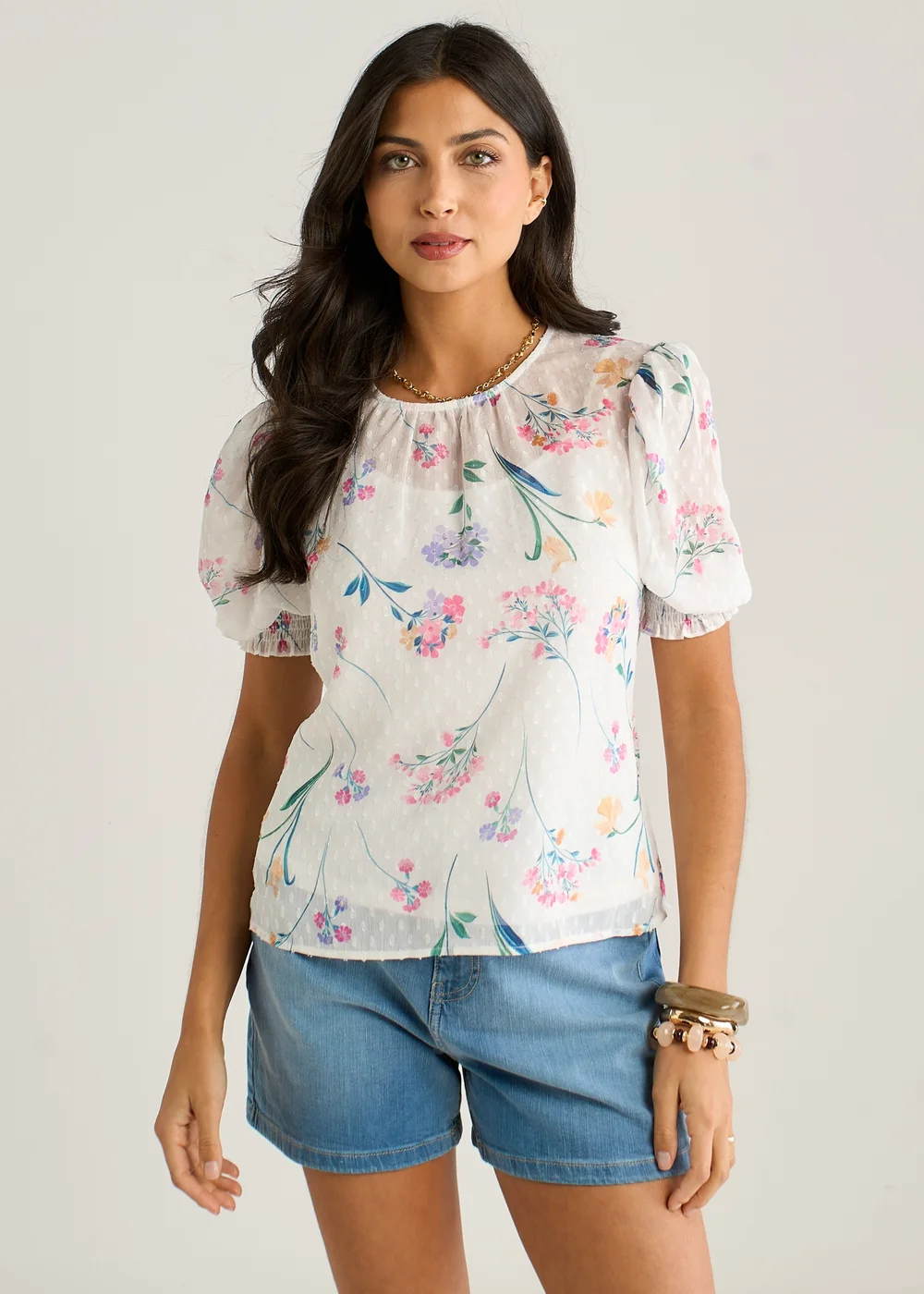 Gini London Off White Floral Dobby Chiffon Shirred Cuff Blouse - 16 Image 1
