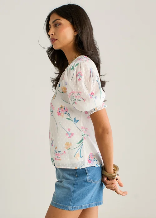 Gini London Off White Floral Dobby Chiffon Shirred Cuff Blouse - 16 Image 4