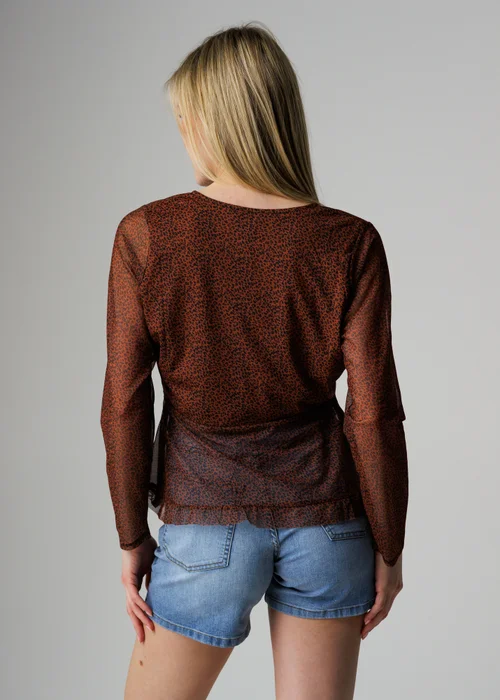 Wednesday’s Girl Brown Animal Print Button Front Mesh Frill Top - XS Image 2