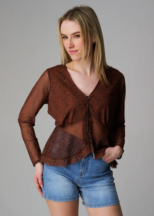 Wednesday’s Girl Brown Animal Print Button Front Mesh Frill Top - XS Image 1