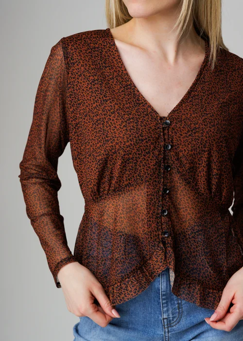 Wednesday’s Girl Brown Animal Print Button Front Mesh Frill Top - XS Image 3