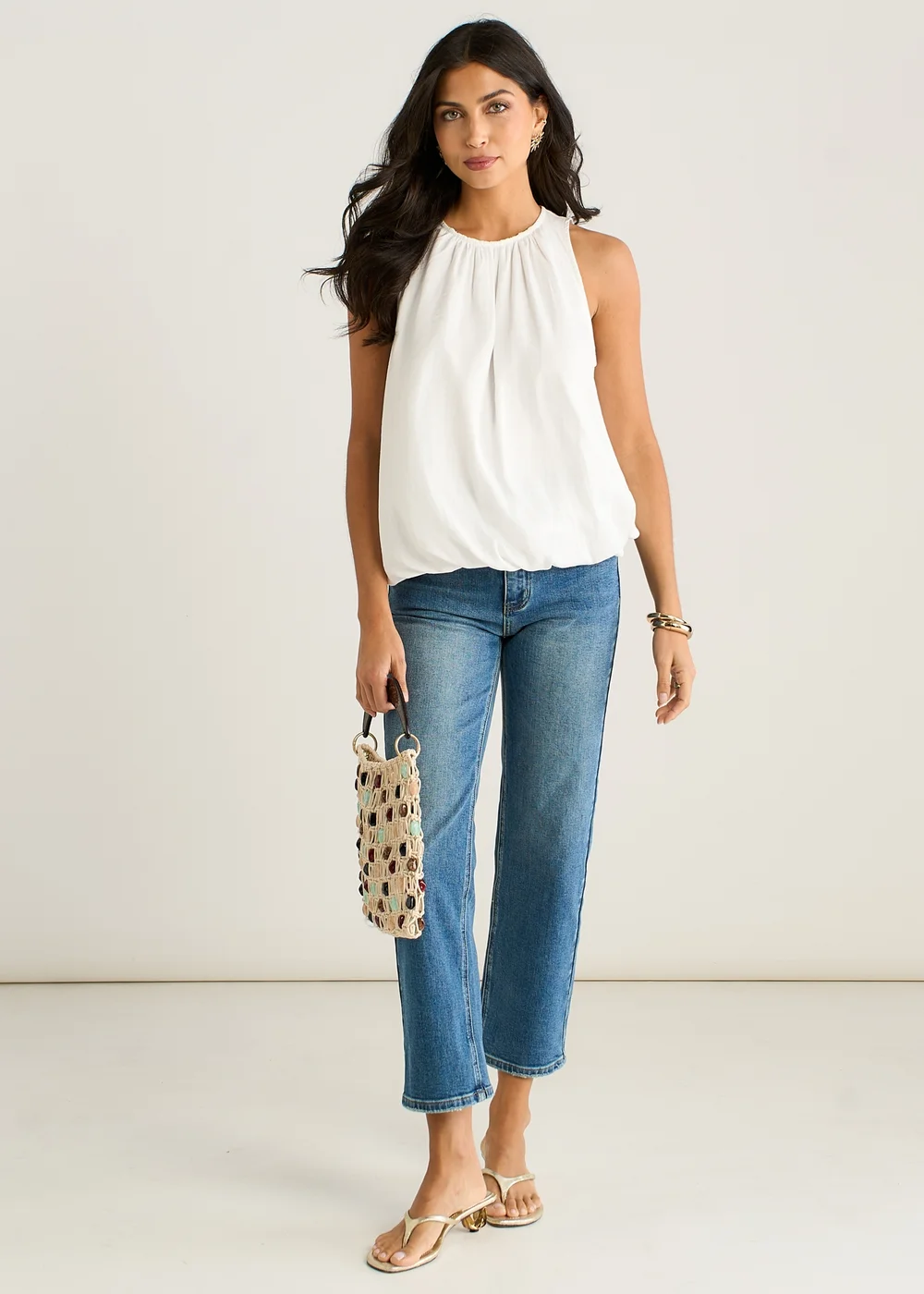 Gini London White Puff Ball Round Neck Sleeveless Top - L/XL Image 1