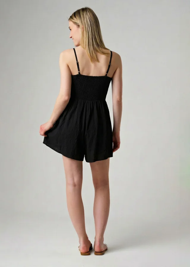 Wednesday’s Girl Black Shirred Bodice Strappy Square Neck Playsuit