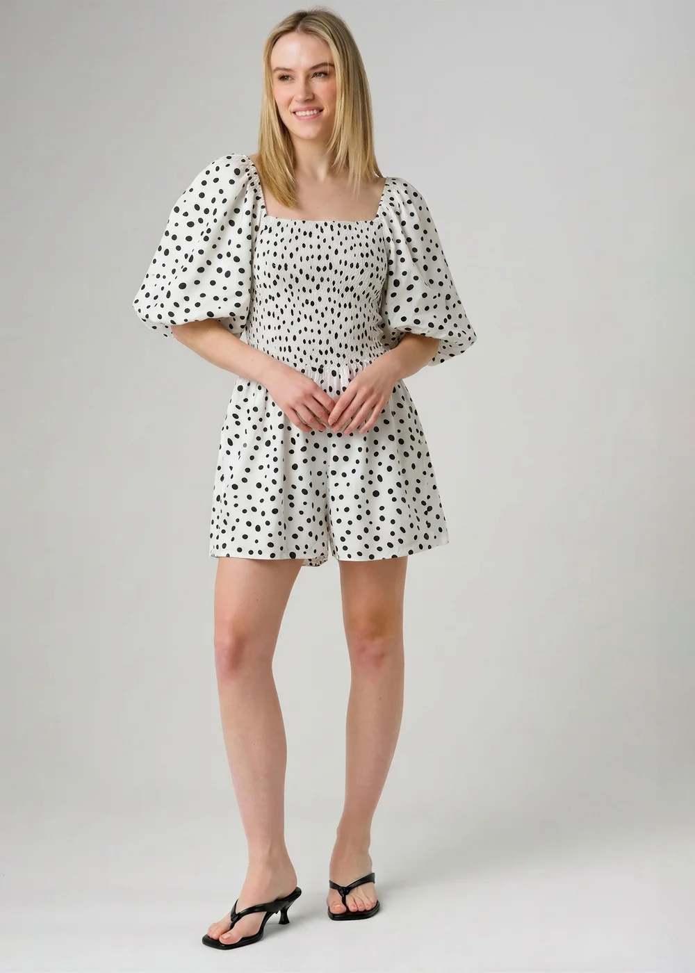 Wednesday’s Girl White Dot Print Square Neck Angel Sleeve Playsuit - 16 Image 1