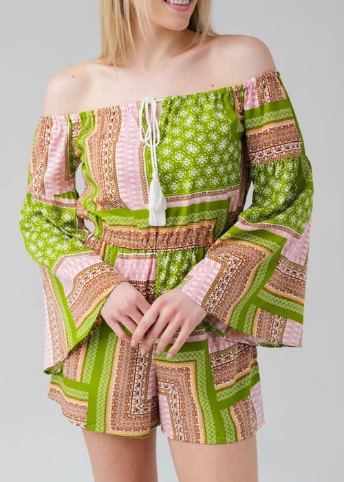 Influence Green Geometric Vibrant Print Bardot Off-The-Shoulder Playsuit - 8 Image 3