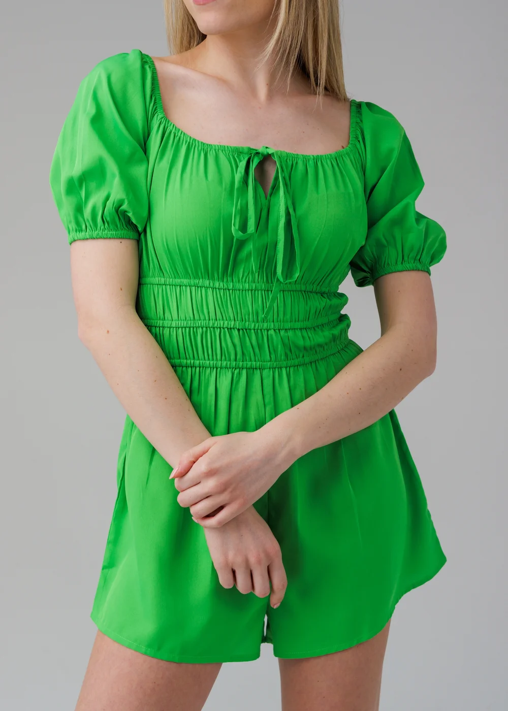 Influence Green Short Sleeve Tie Detail Shirred Waist Playsuit - 10 Image 3
