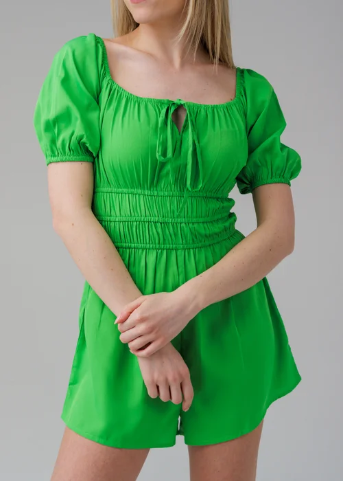 Influence Green Short Sleeve Tie Detail Shirred Waist Playsuit - 10 Image 3