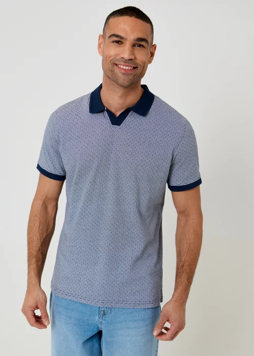 Threadbare Navy Jacquard Trophy Neck Polo Shirt - S Image 1
