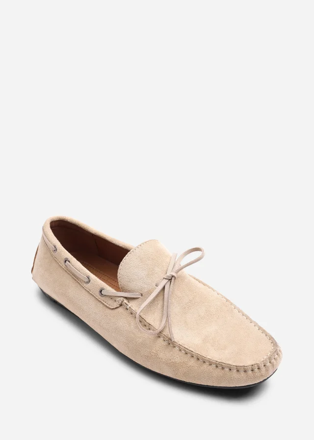 Where's That From Carter Beige Faux Suede Slip on Lace Detail Loafer