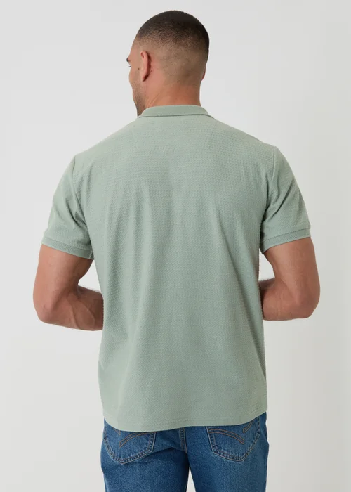 Threadbare Soft Green Textured Cotton Quarter Zip Polo Shirt - M Image 2