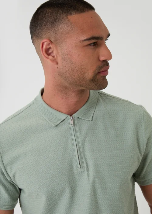 Threadbare Soft Green Textured Cotton Quarter Zip Polo Shirt - M Image 4