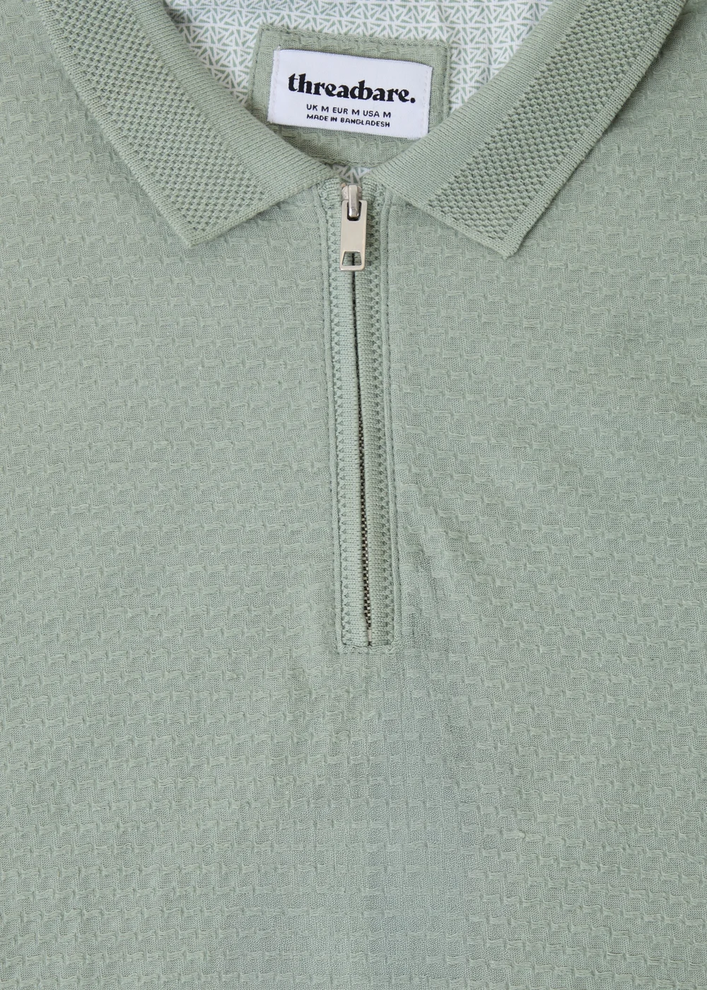 Threadbare Soft Green Textured Cotton Quarter Zip Polo Shirt - M Image 5
