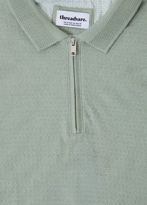 Threadbare Soft Green Textured Cotton Quarter Zip Polo Shirt - M Image 5