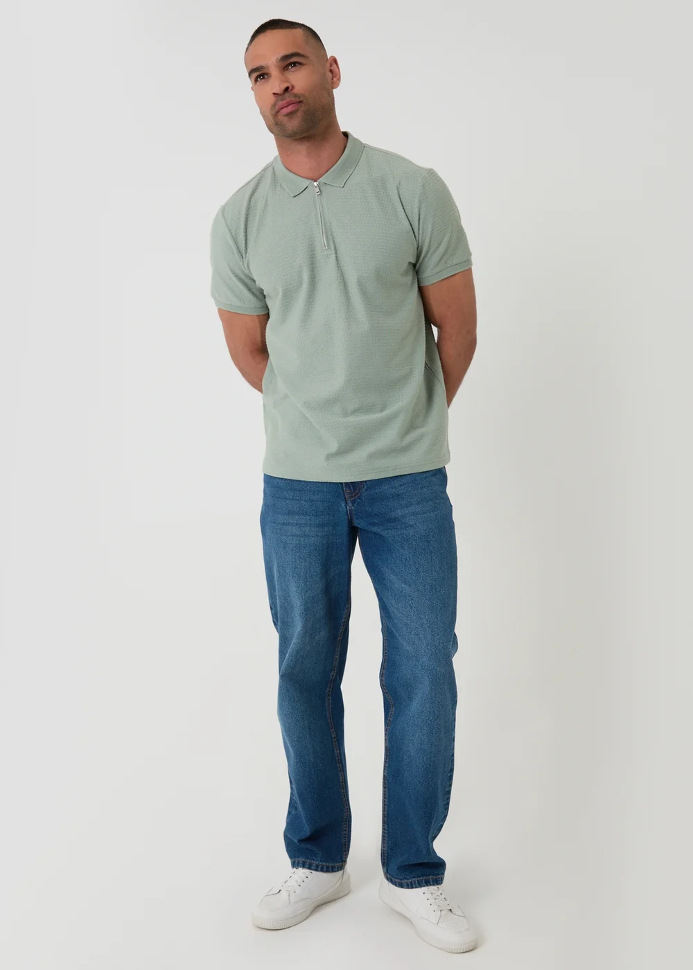 Threadbare Soft Green Textured Cotton Quarter Zip Polo Shirt - M Image 3