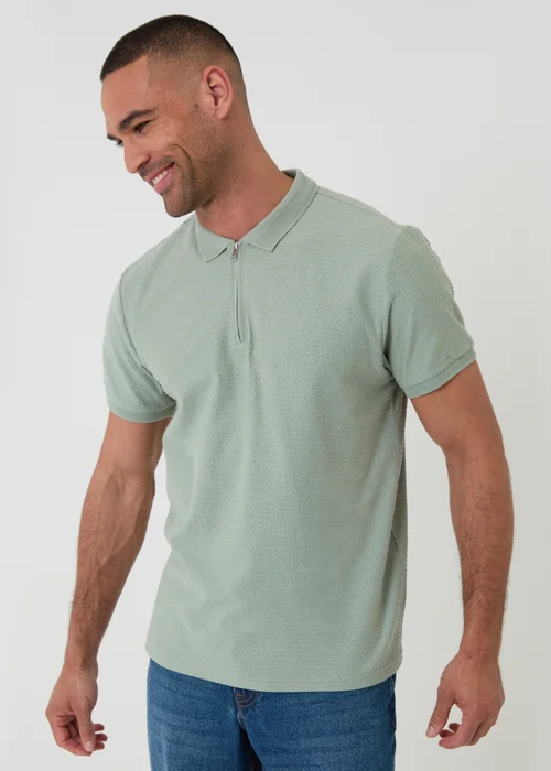 Threadbare Soft Green Textured Cotton Quarter Zip Polo Shirt - M Image 1
