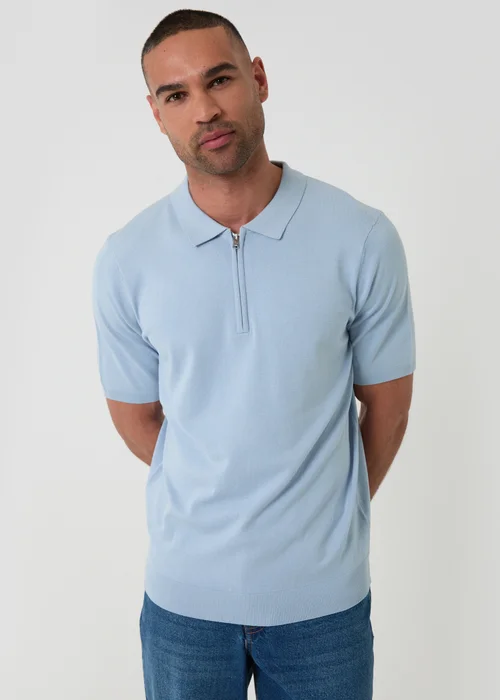 Threadbare Blue Quarter Zip Knitted Polo - 2XL Image 1