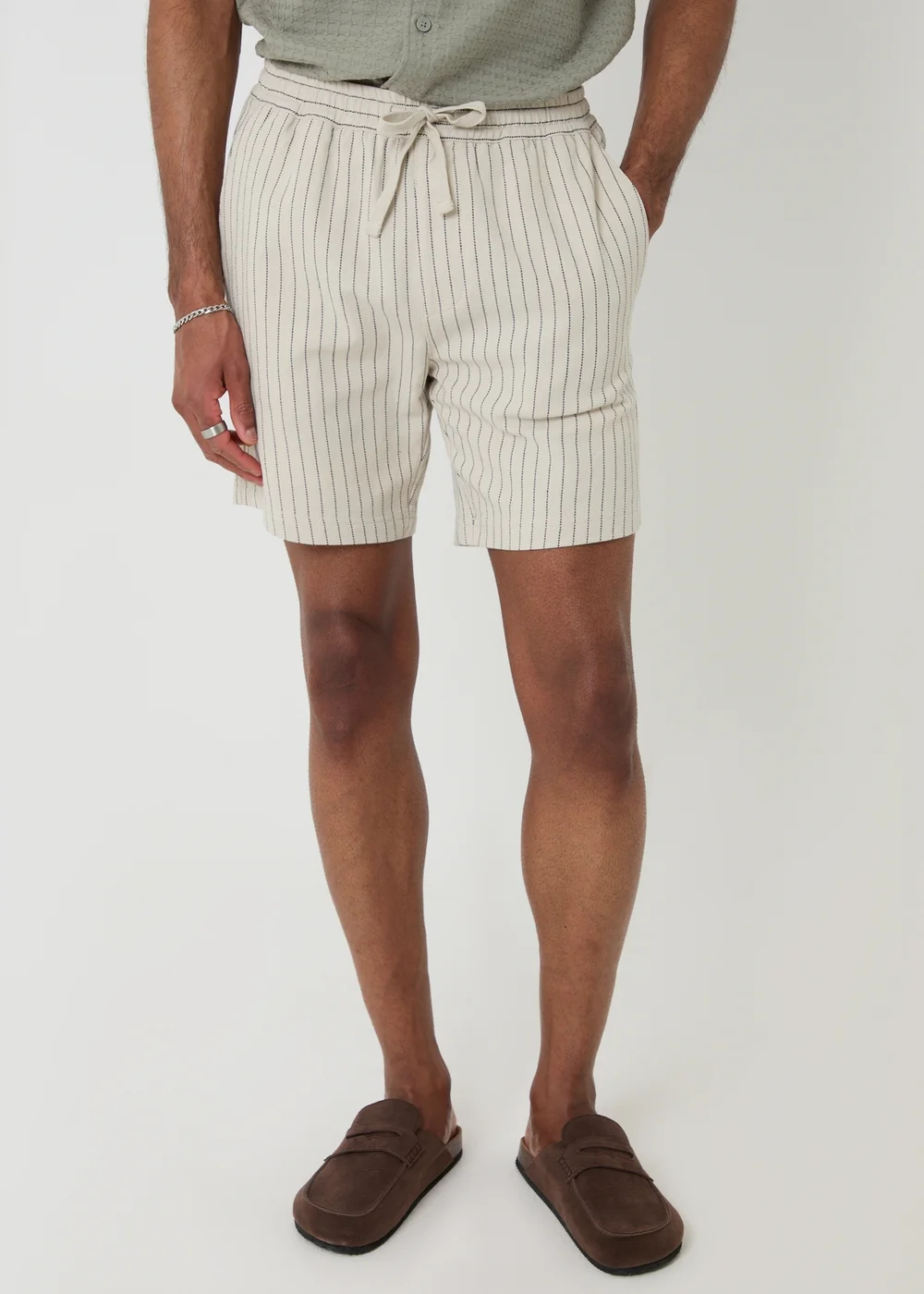 Threadbare Stone Shorter Length Stripe Cotton Shorts - S Image 1