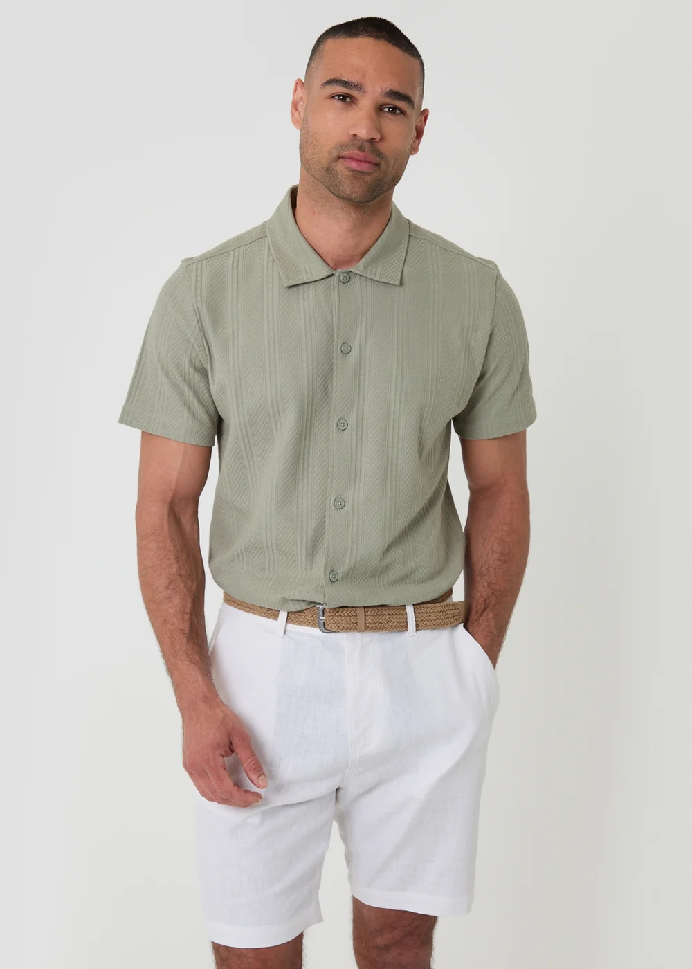Threadbare White Linen Blend Shorts with Belt - 36/L32 Image 3