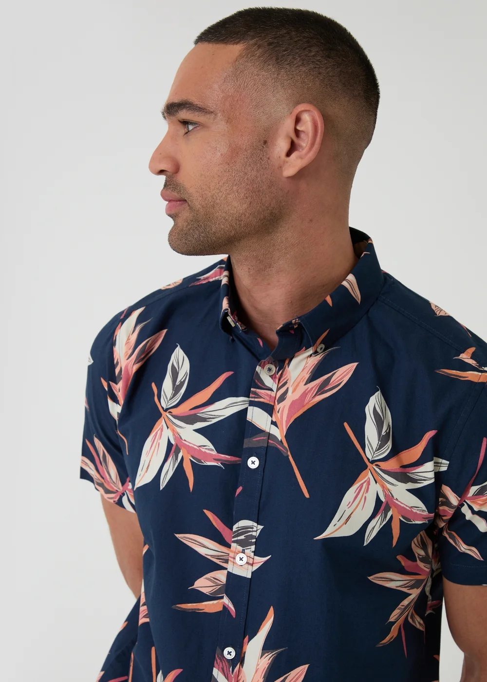 Threadbare Navy Tropical Leaf Print Cotton Short Sleeve Shirt - M Image 4