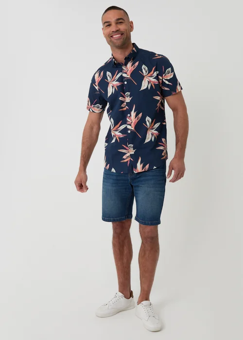 Threadbare Navy Tropical Leaf Print Cotton Short Sleeve Shirt - M Image 3