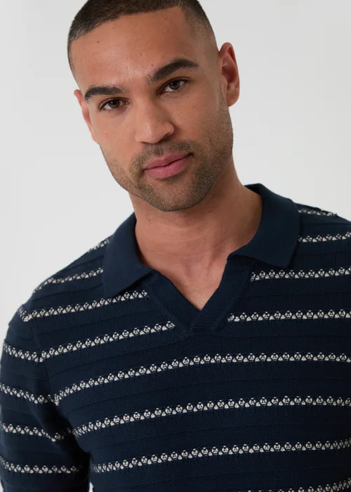 Threadbare Navy Textured Stripe Knitted Trophy Neck Polo - M Image 4