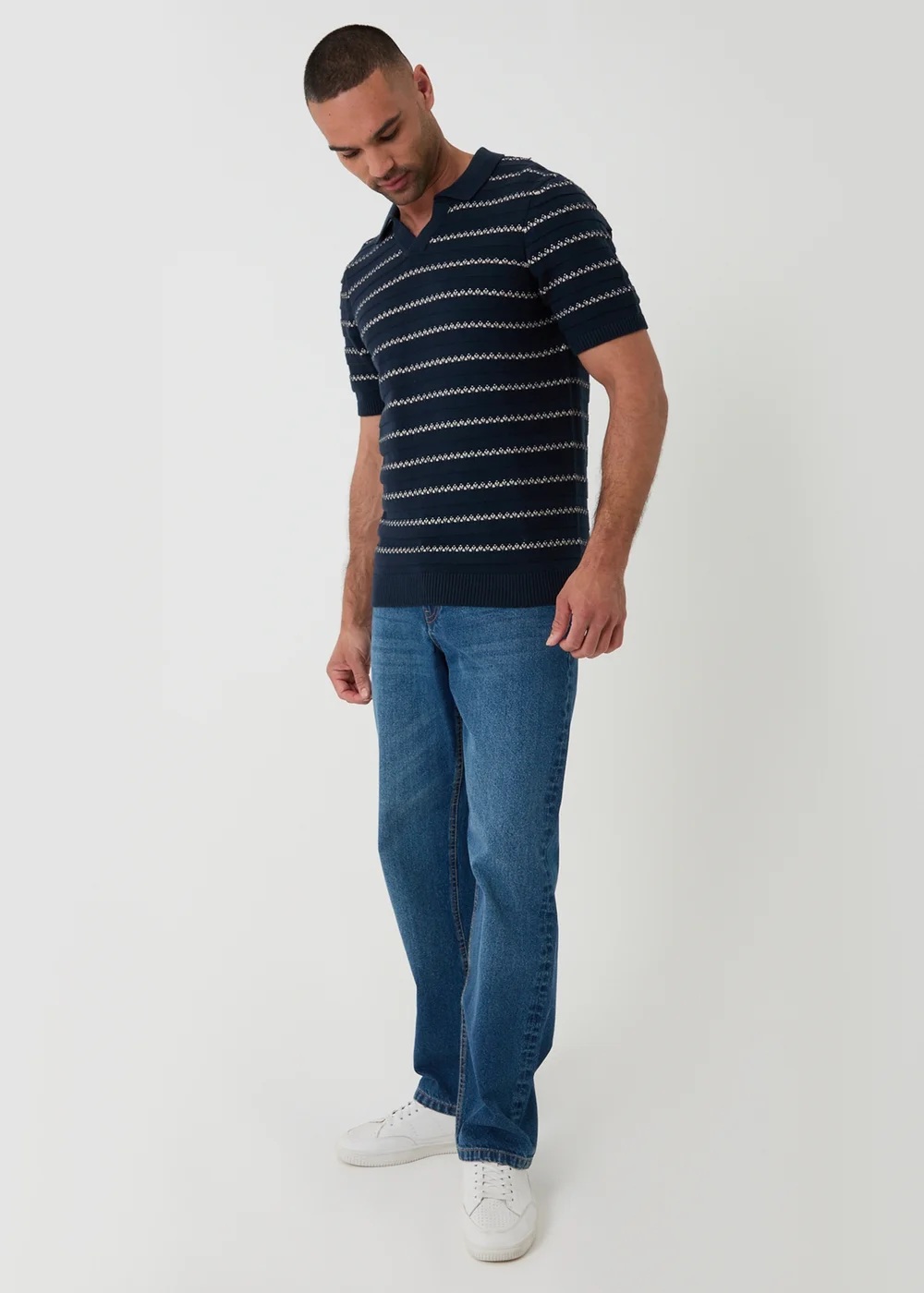 Threadbare Navy Textured Stripe Knitted Trophy Neck Polo - M Image 3