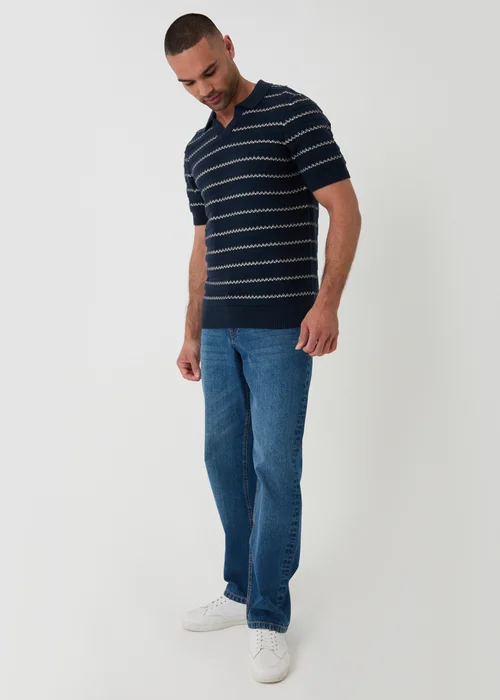Threadbare Navy Textured Stripe Knitted Trophy Neck Polo - M Image 3