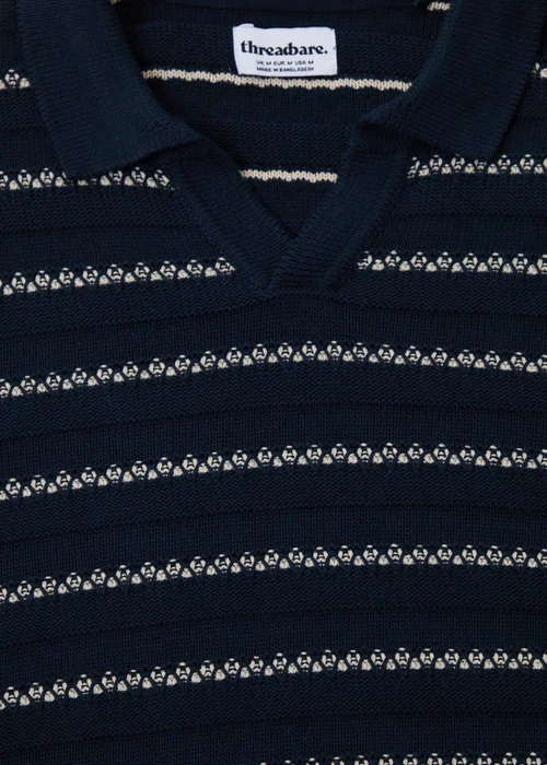 Threadbare Navy Textured Stripe Knitted Trophy Neck Polo - M Image 5