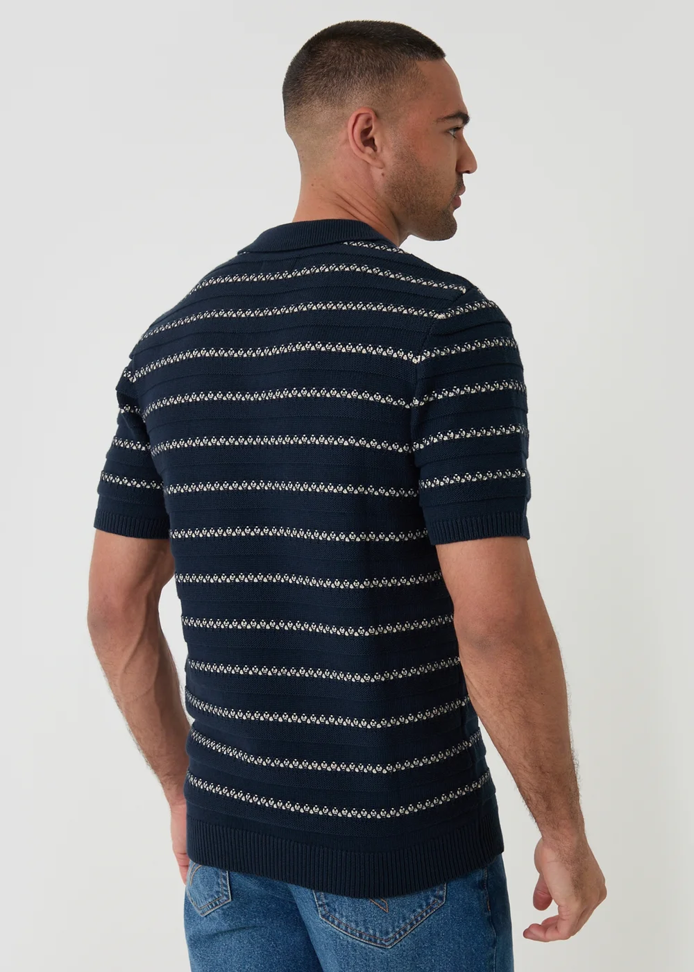 Threadbare Navy Textured Stripe Knitted Trophy Neck Polo - M Image 2