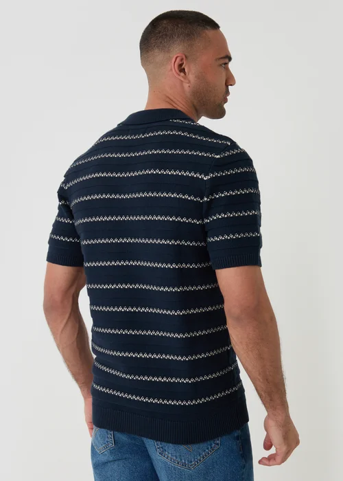 Threadbare Navy Textured Stripe Knitted Trophy Neck Polo - M Image 2