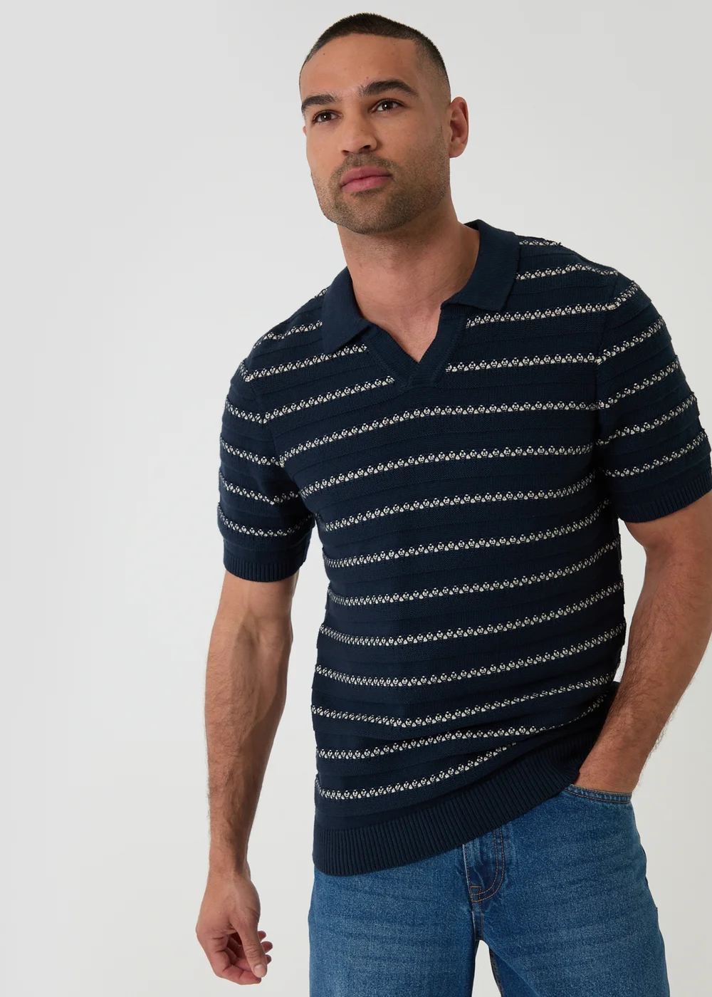 Threadbare Navy Textured Stripe Knitted Trophy Neck Polo - M Image 1