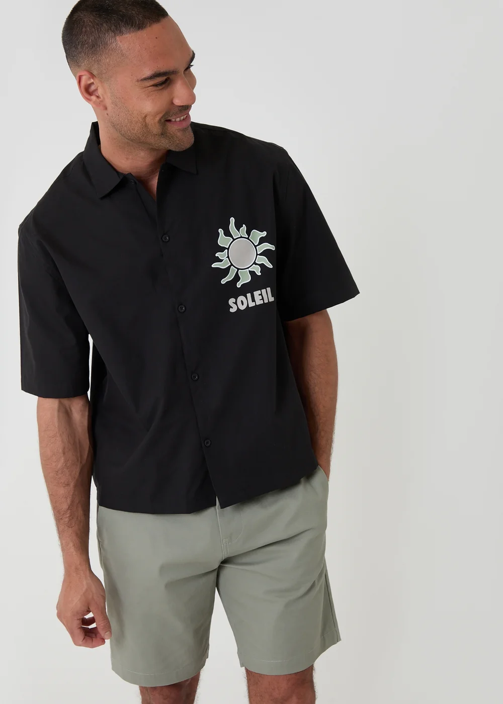 Threadbare Black Soleil Print Boxy Fit Cotton Short Sleeve Shirt - S Image 1