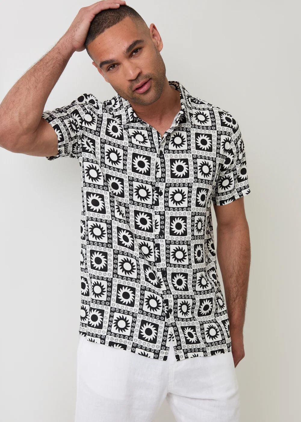 Threadbare Black Geometric Sun Print Short Sleeve Shirt - S Image 1