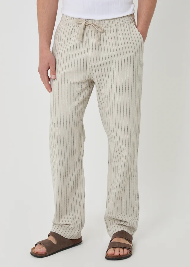 Threadbare Stone Stripe Straight Leg Cotton Trousers