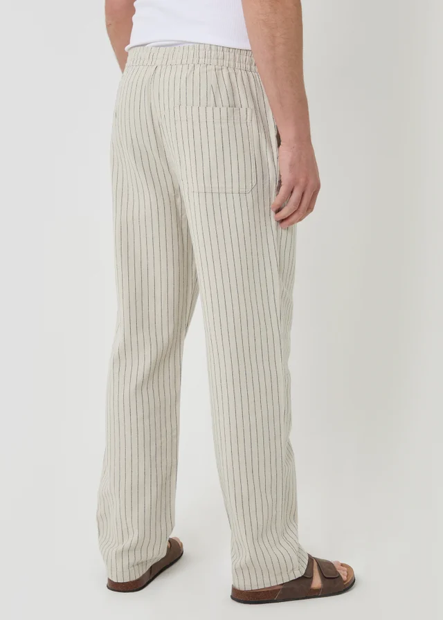Threadbare Stone Stripe Straight Leg Cotton Trousers