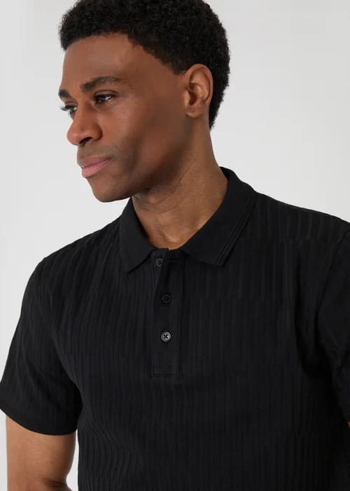 Threadbare Black Textured Cotton Polo Shirt - 2XL Image 4