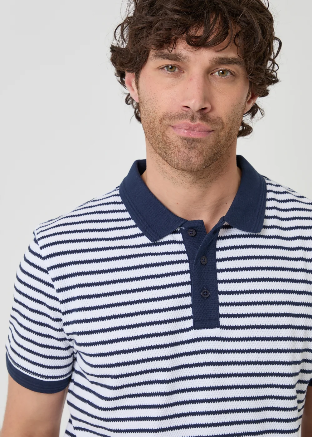 Threadbare Navy Popcorn Stripe Cotton Polo Shirt - S Image 4