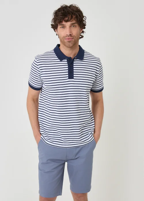 Threadbare Navy Popcorn Stripe Cotton Polo Shirt - S Image 1