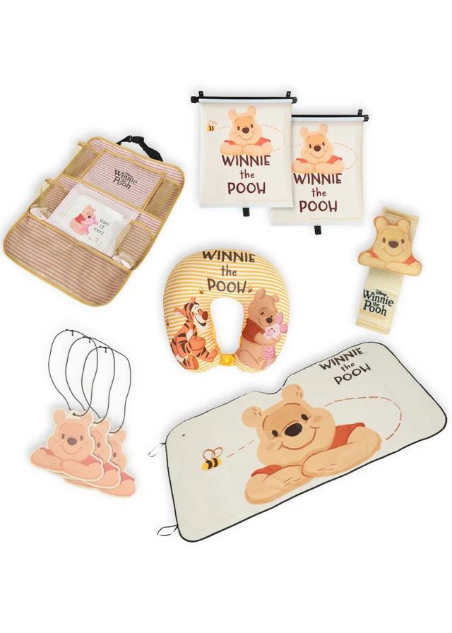 Winnie The Pooh Ultimate Car Bundle Travel Pillow Seat Belt Cover Roller Blind Hanging Organiser Window Shade Air Freshener