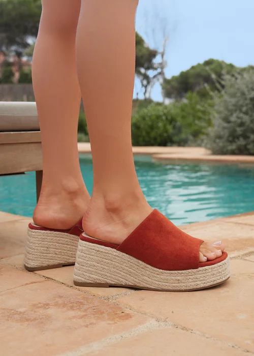 Linzi Espresso Rust Faux Suede Espadrille Mule Wedges - Size 7 Image 6